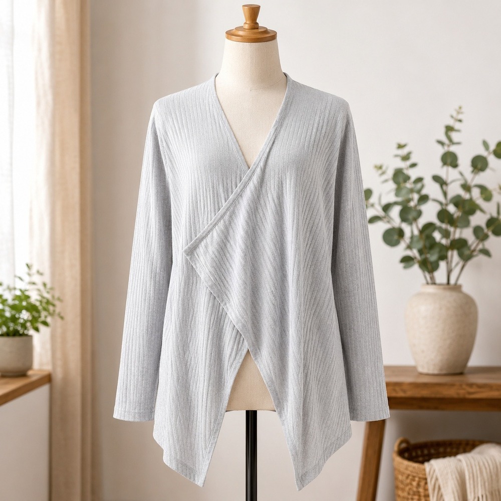 Cloudchaser‎ Cardigan Sweater XL Grey Ribbed Knit Draped Open Front Long Slv